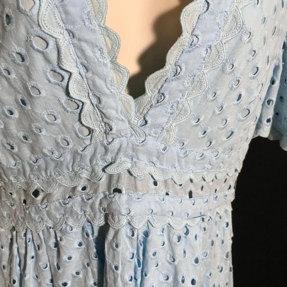 Dee Dee Dress Blue Eyelet V Neck Short Sleeve Cool Lightweight Mini Length - Picture 4 of 9
